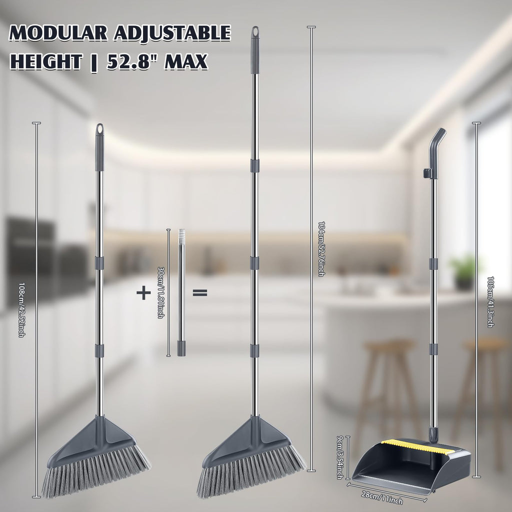 Broom and Dustpan Set for Home with 52 Inch Long Angled Handle - Stand Up Dustpan No Warping Metal Edge, Ergonomic Sweeping, 4 Layer Bristles and Hair Cleaning Teeth for Kitchen Office