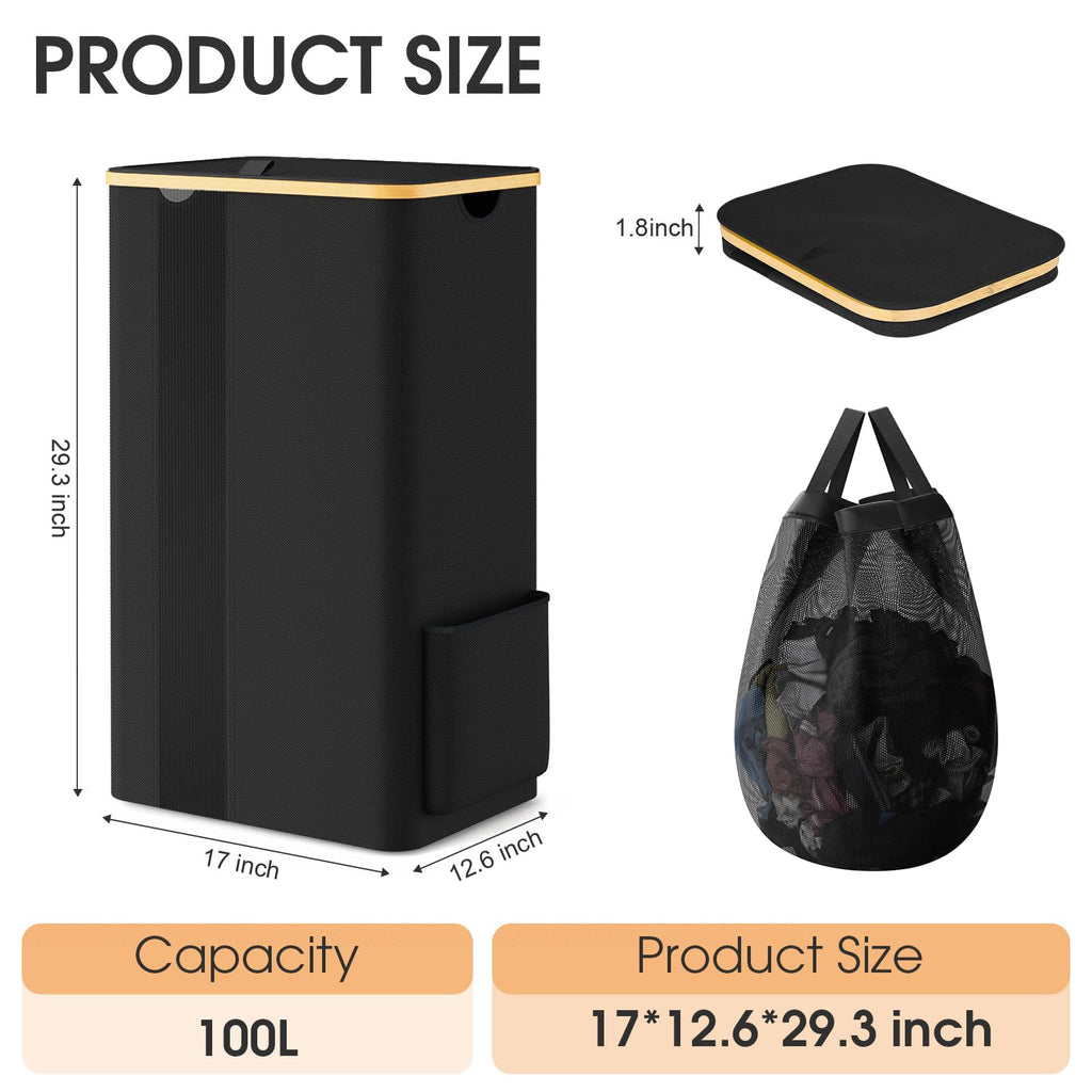 SpaceTrove Laundry Basket Clothes Hamper with Lid and Removable Bag Large Collapsible Laundry Baskets with Handle, Freestanding Hampers for Bedroom Aesthetic, Dorm, Bathroom, Laundry Room 100L (Black)