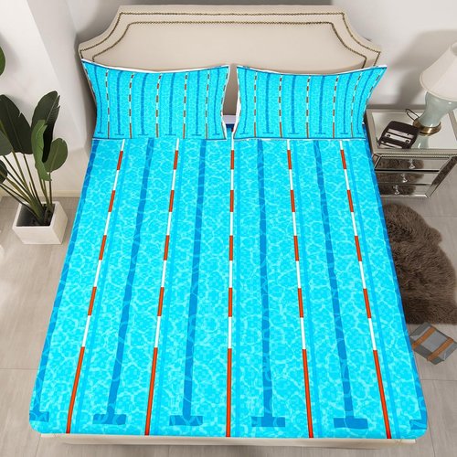 Swimming Kids Sheet Full Size,Swim Sports Games Modern Fashion Bedding Set,Boys Girls Adults Room Decor,Swimming Pool Chic Blue Unique Bed Sheet Set 4pcs(Fitted + Flat + 2 Pillowcases)