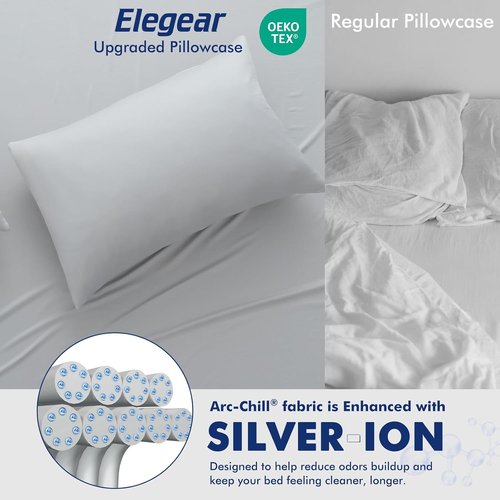 Elegear Cooling Pillow Cases - Silver Infused Soft Silky Pillowcases for Hot Sleepers | Set of 2 Standard Gray