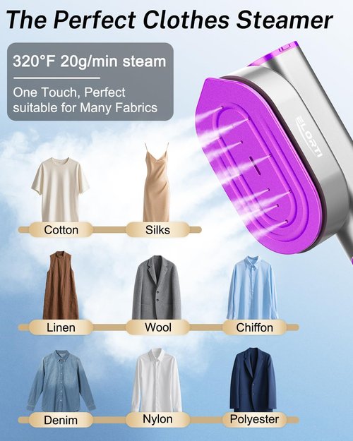 ELORTI Travel Clothes Steamer - Handheld Mini 2-in-1 Iron with 10s Fast Heat-Up, 1200W, Purple