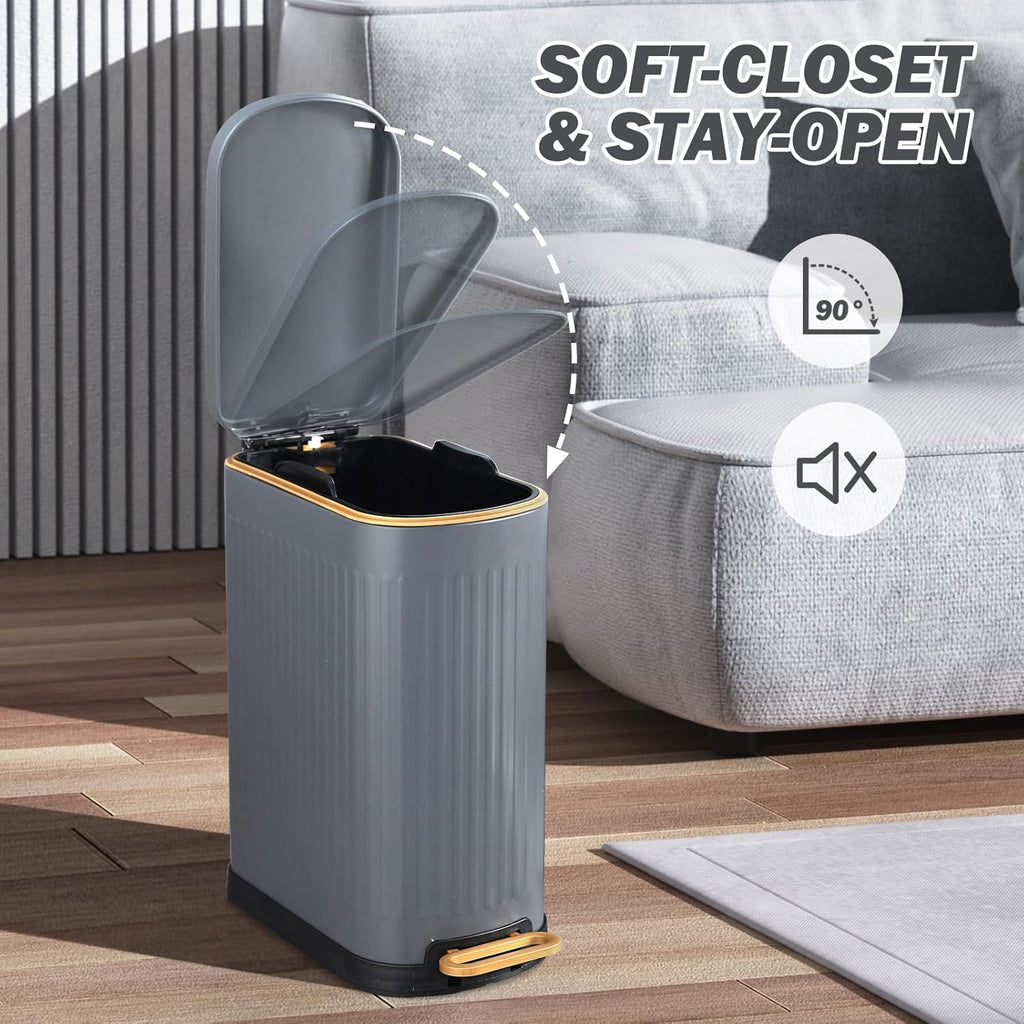 SYNCVIBE Slim Bathroom Trash Can - Soft Close Lid & Removable Inner Bucket | Matt Grey, 3.5 Gallons