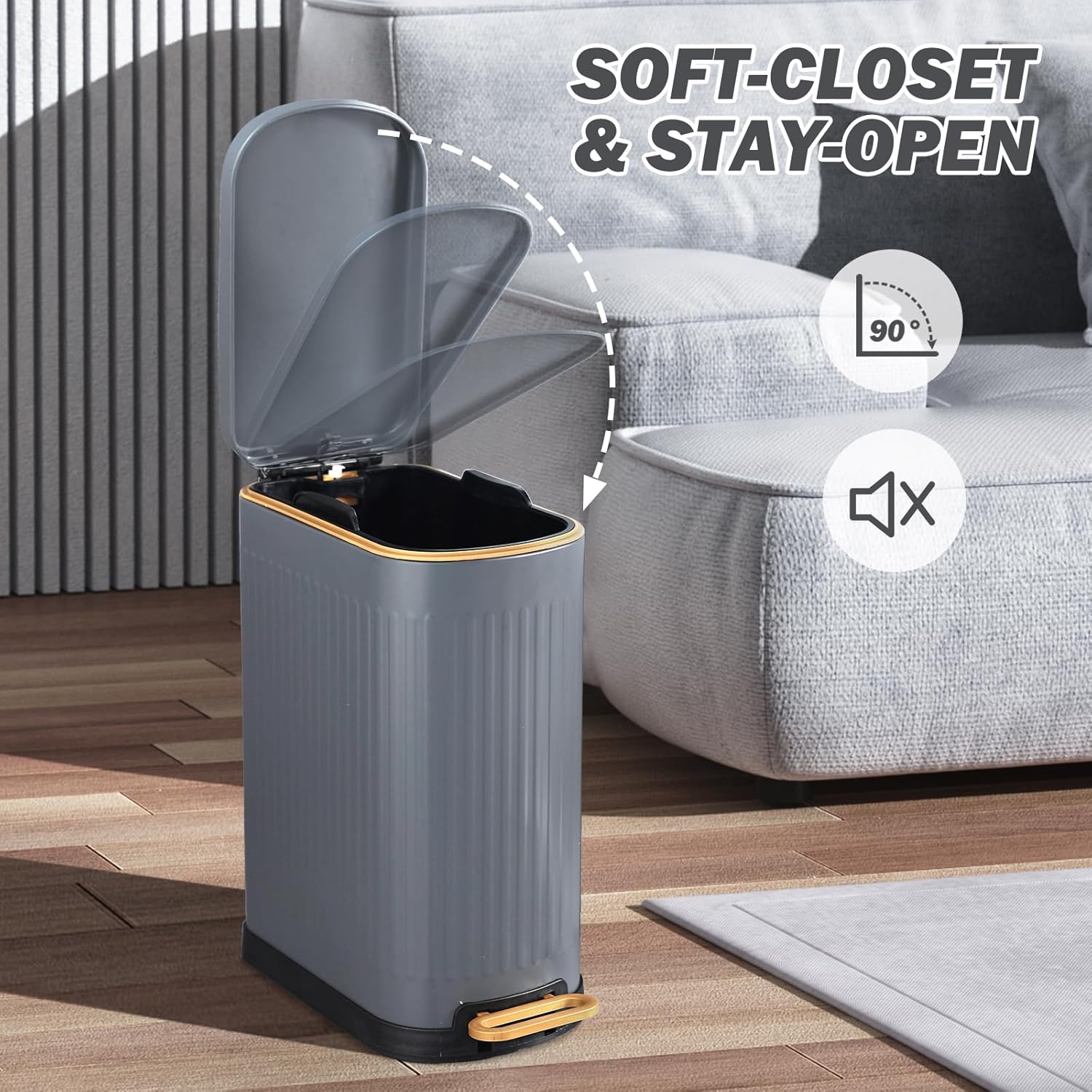 SYNCVIBE Slim Bathroom Trash Can - Soft Close Lid & Removable Inner Bucket | Matt Grey, 3.5 Gallons