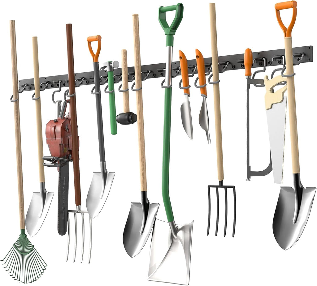 TORACK Wall Mounted Mop & Broom Holder - Garden Tool Organizer with 4 Tracks & 16 Hooks