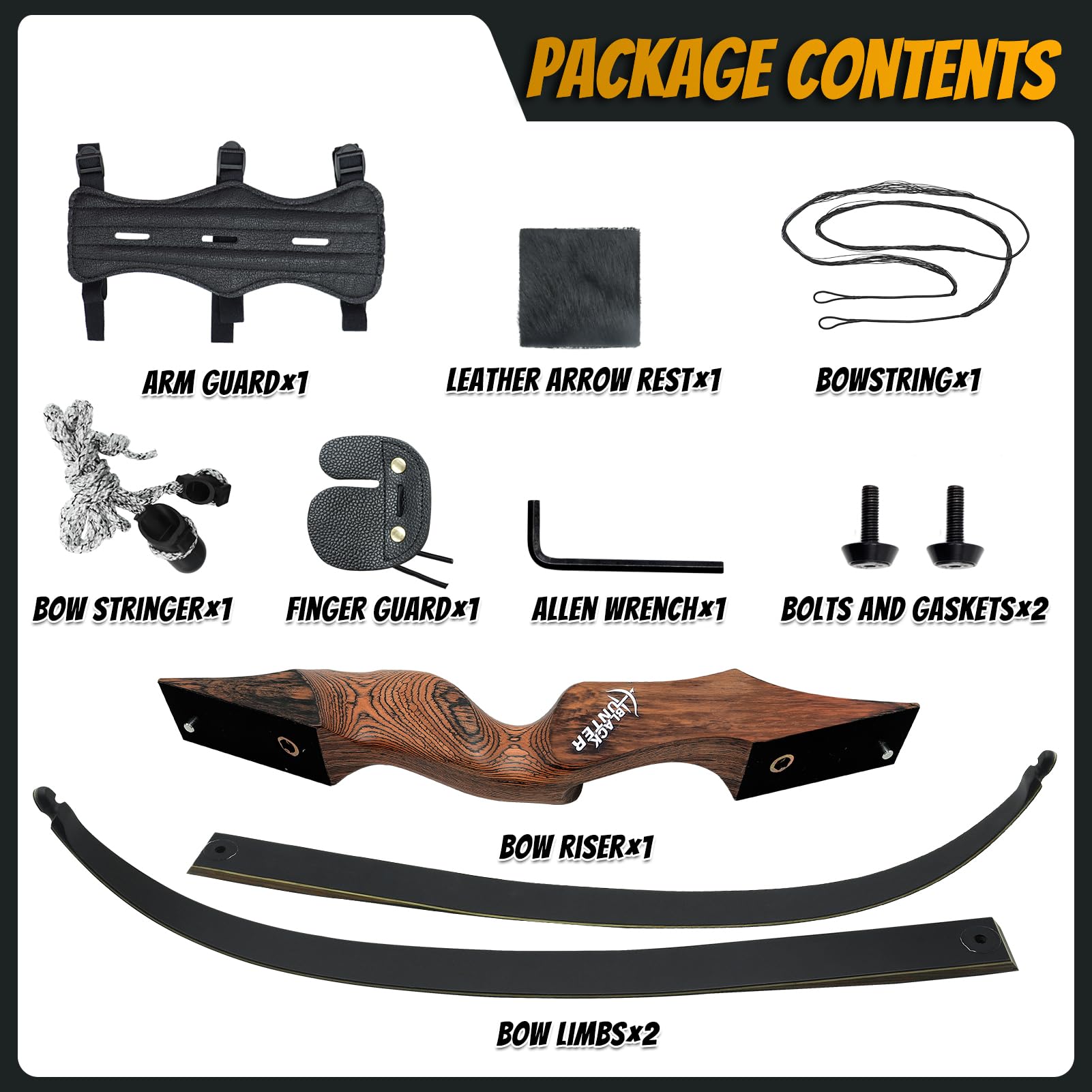 60" Black Hunter Takedown Archery Recurve Bow Set for Adults Youth and Beginners Technical Wood Riser and Laminated Bow Limbs 20-60lbs for Archery Practice Hunting Competition Right Hand (30lbs)