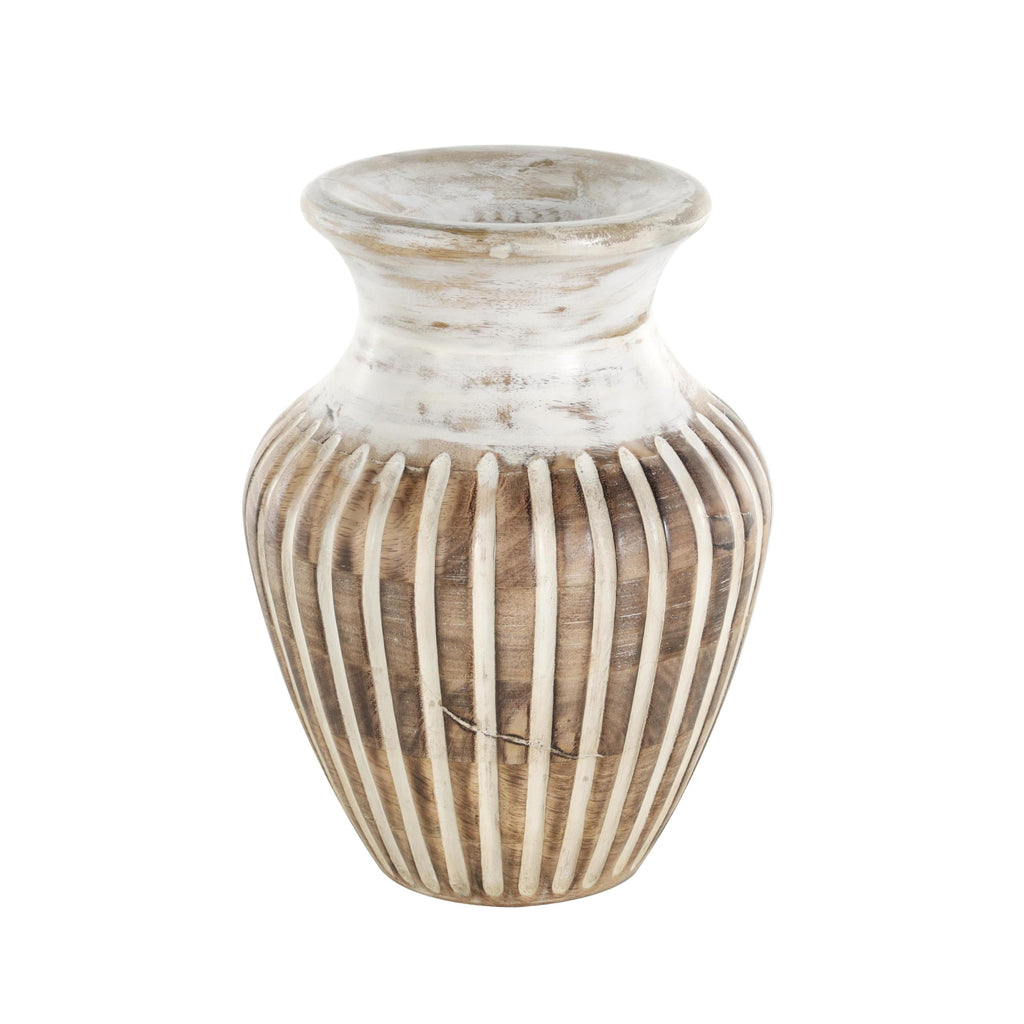 Deco 79 Mango Wood Decorative Vase Distressed Centerpiece Vase with Carved Grooves, Vase for Home Decoration 8" x 8" x 11", Brown