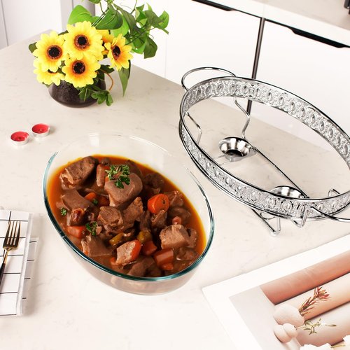 jinsongdafa Casserole Dish 13" x 9" Glass Baking Dish with Stainless steel Lid and rack, Silver oval 2.5 Qt Large Baking Pan For Casserole & Lasagna, Microwave Dishwasher Freezer Oven Safe