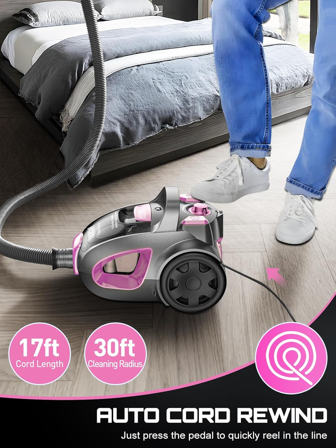 Skiennix Canister Vacuum Cleaner - 40Kpa 1600W Cyclone Power, Lightweight & Bagless, 3.7QT Dust Cup, Pink