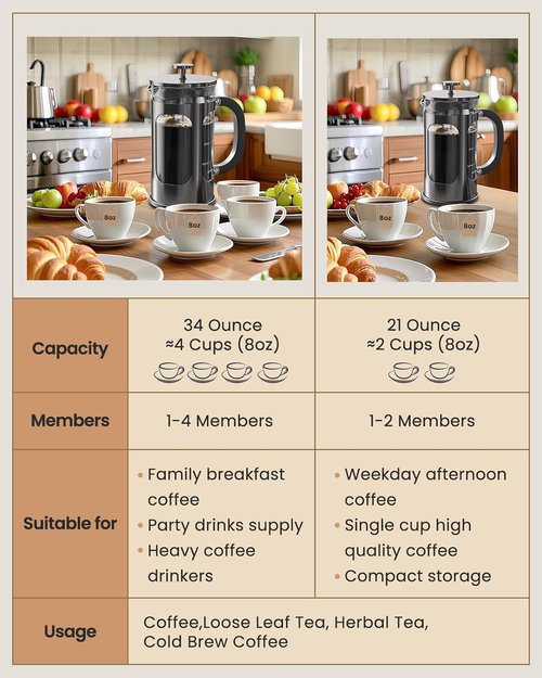 BAYKA French Press Coffee Maker - 34 Ounce Stainless Steel Cold Brew Pot | Durable Borosilicate Design