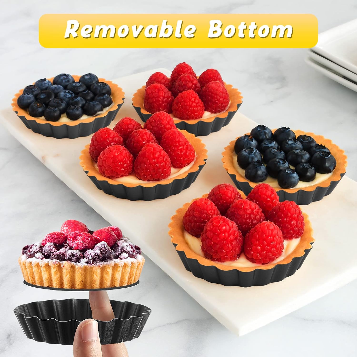 Tessco Mini Tart Pans - 16-Piece Nonstick Bakeware Set with Removable Bottoms | 3-Inch Fluted Design
