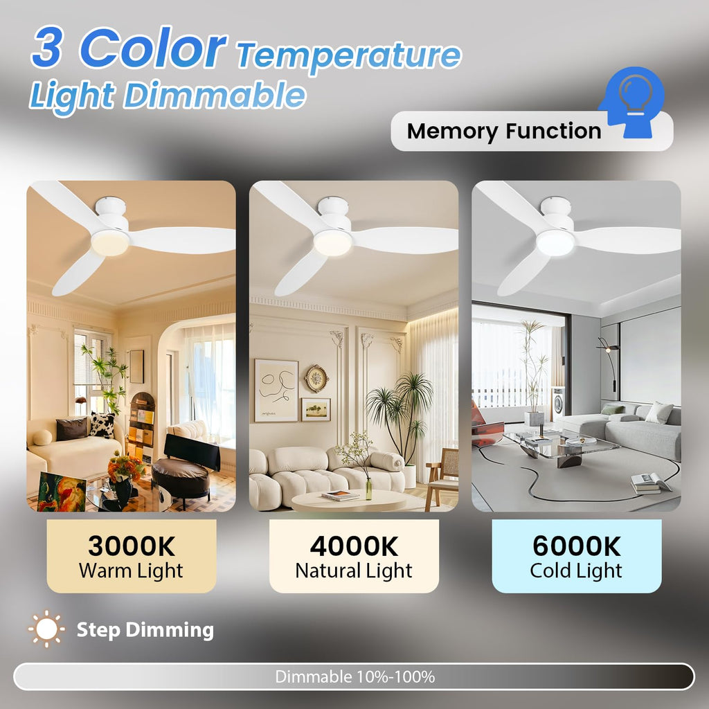 OUATER 52 inch Ceiling Fan with Light and Remote, Flush Mount Low Profile Ceiling Fans with Remote, 3 Color Light, 6 Speed, DC Motor, (ABS, Classic White)