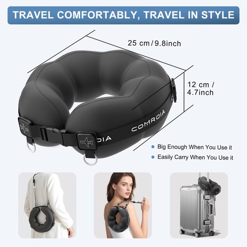 Travel Neck Pillow for Airplane Sleeping – 360° Head Support Prevents Bobbing, 100% Memory Foam Ergonomic Neck Cushion with No-Case-Needed Carry Strap for Long Flights & Car – Washable Cover (Black)