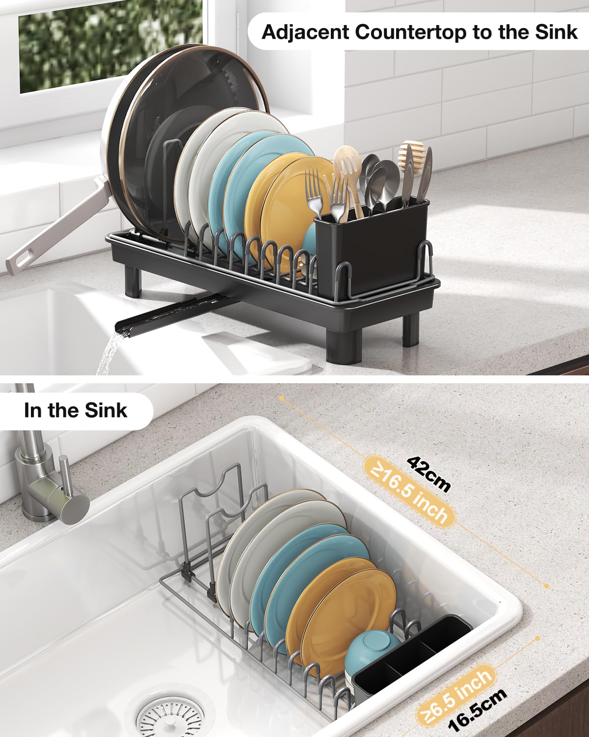Nfnoyp Small Dish Drying Rack Carbon Steel Dish Rack Rustproof for Kitchen Counter Compact Dish Drainer with Adjustable Slots for Small Kitchens & Apartments 16.5×6.5×7inch Black