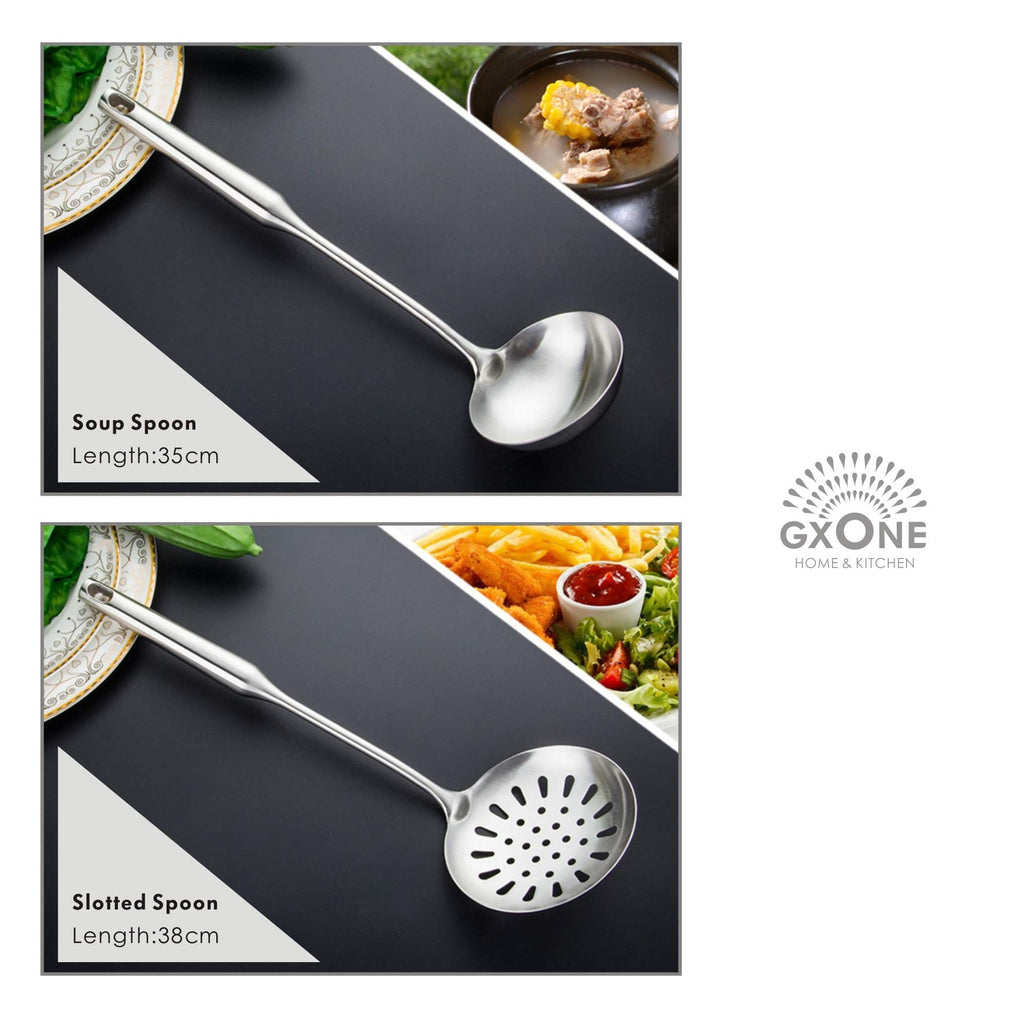 Kitchen Utensil Set – 6 Piece Stainless Steel Cooking Utensils with Rotating Holder Organizer Includes Slotted Spoon, Slotted Spatula, Large Spoon, Soup Ladle, Spatula, Pasta Server Silver/7PCS