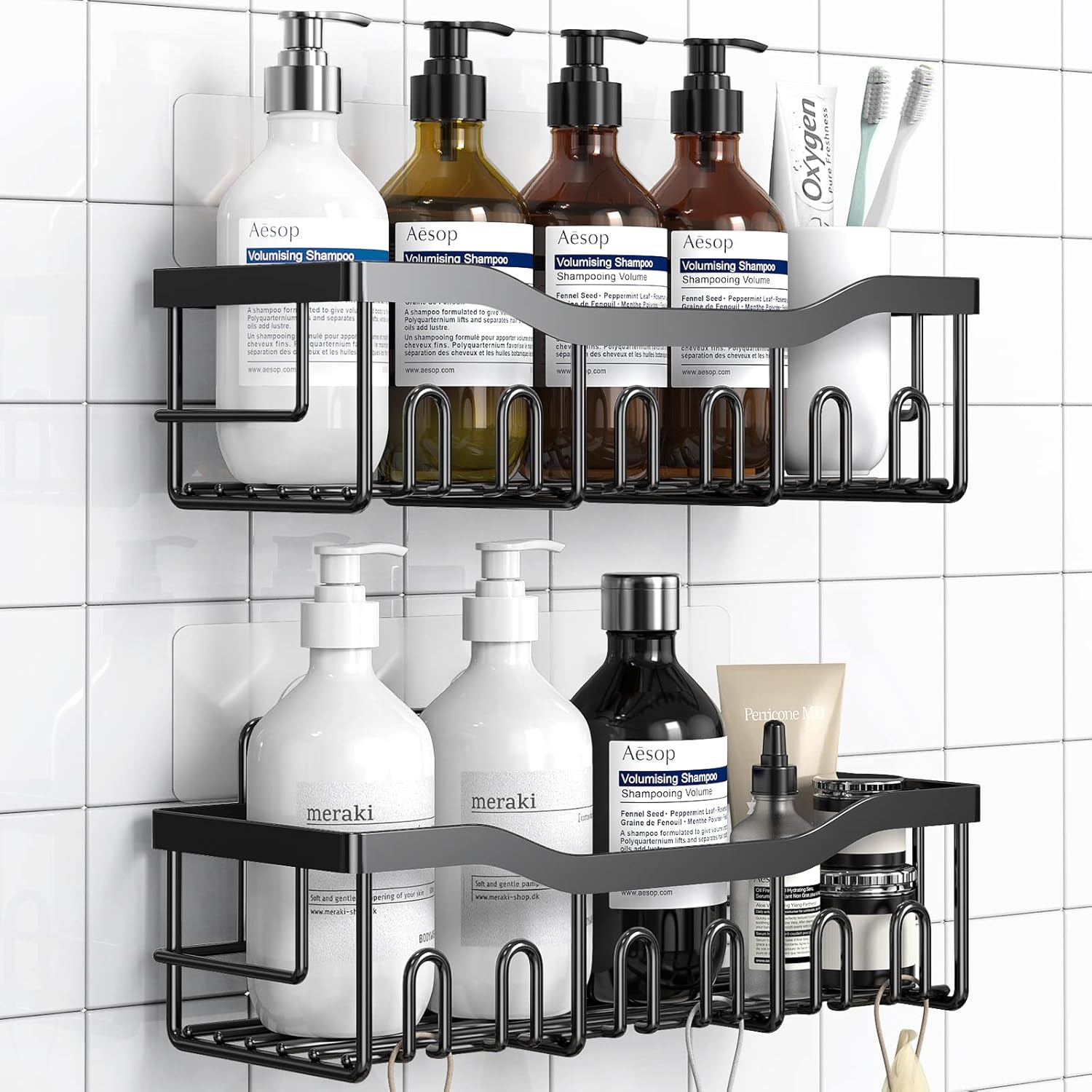 Skiennix Shower Caddy 2 Pack - Adhesive Bathroom Organizer with Large Capacity | Rustproof Stainless Steel