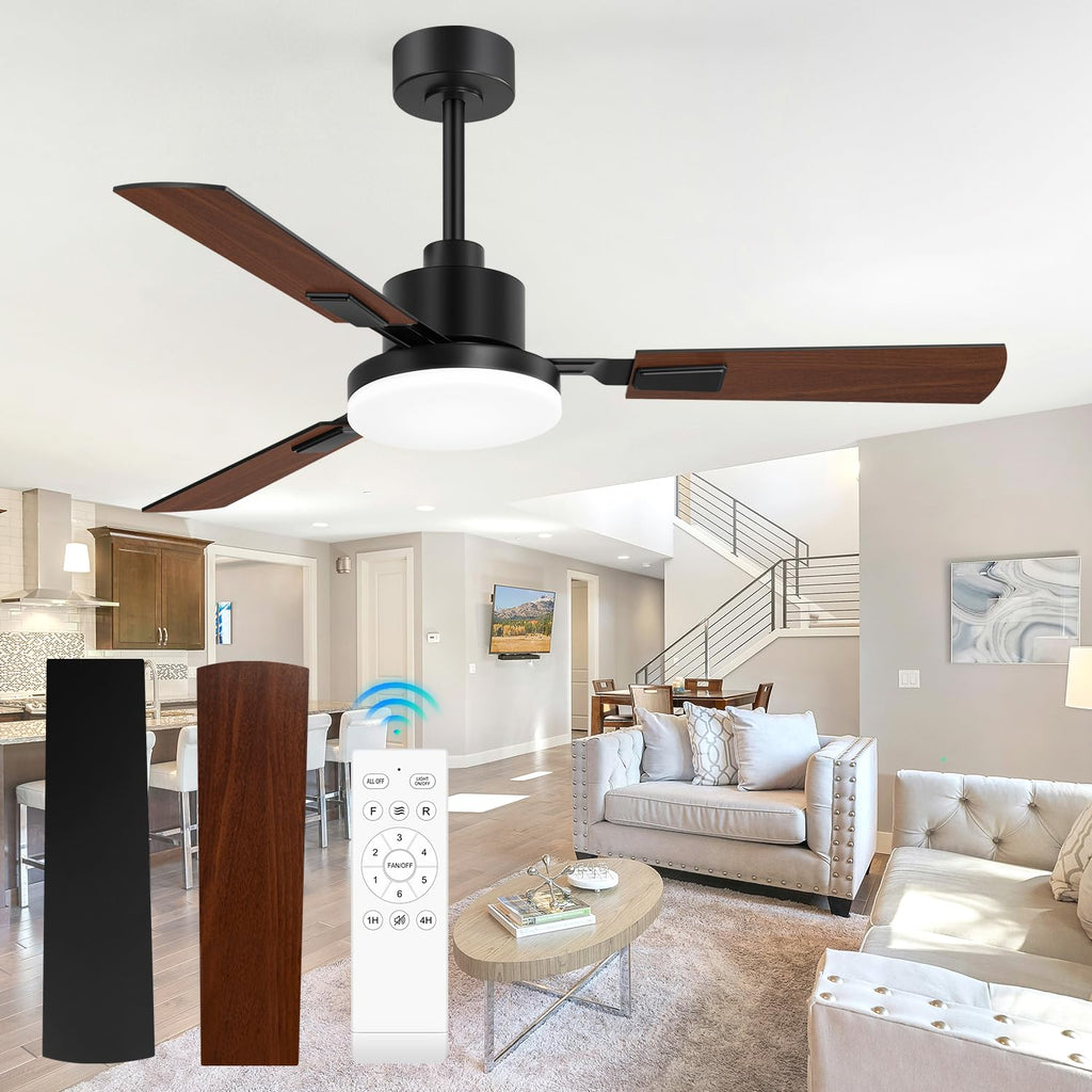 ZYD Ceiling Fans with Lights, 52 Inch Ceiling Fan with Light and Remote, Farmhouse Black Fan with Quiet Reversible DC Motor, 3 Blade LED Ceiling Fan with Light for Living Room, Bedroom, Family Room