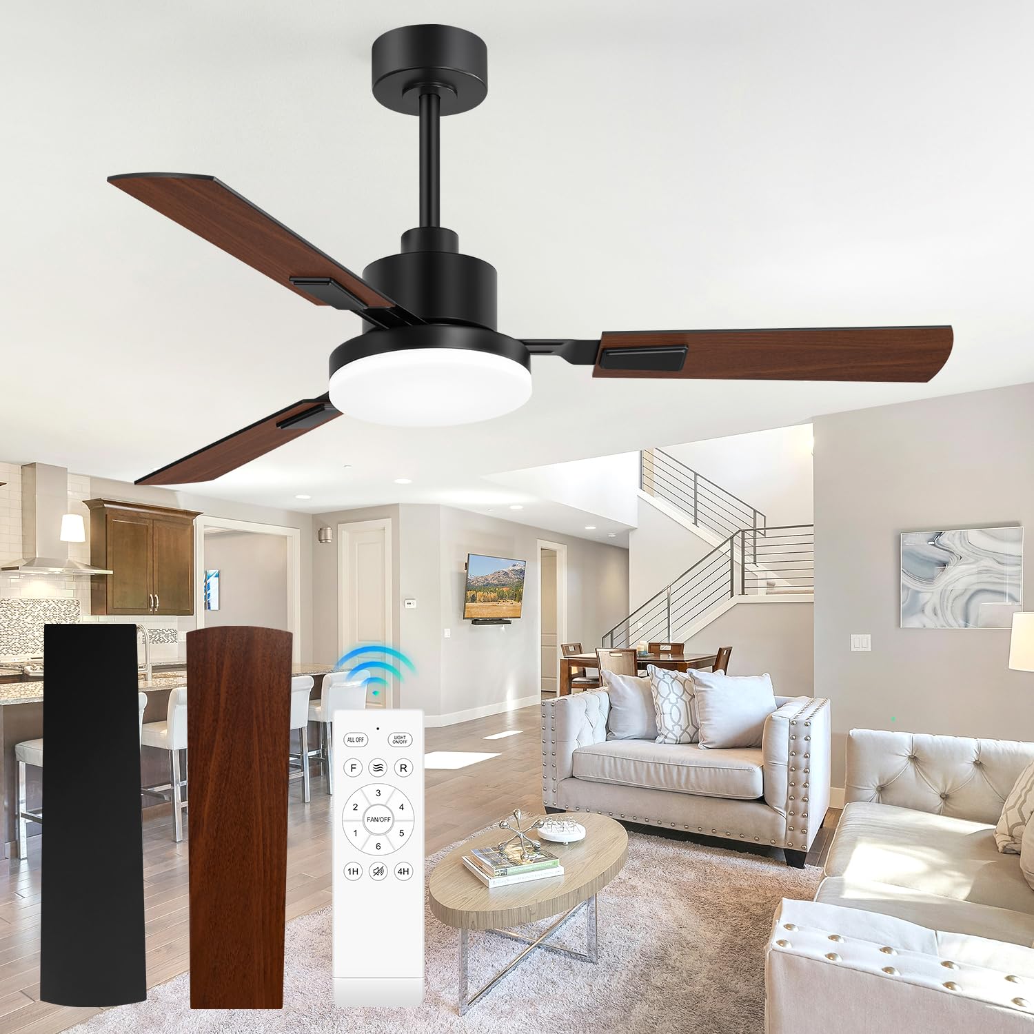 ZYD Ceiling Fans with Lights, 52 Inch Ceiling Fan with Light and Remote, Farmhouse Black Fan with Quiet Reversible DC Motor, 3 Blade LED Ceiling Fan with Light for Living Room, Bedroom, Family Room