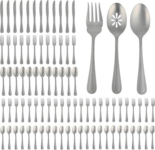 Gibson Home Sinta 87-Piece Stainless Steel Flatware Set - Bead Border Design, Service for 12, Dishwasher Safe