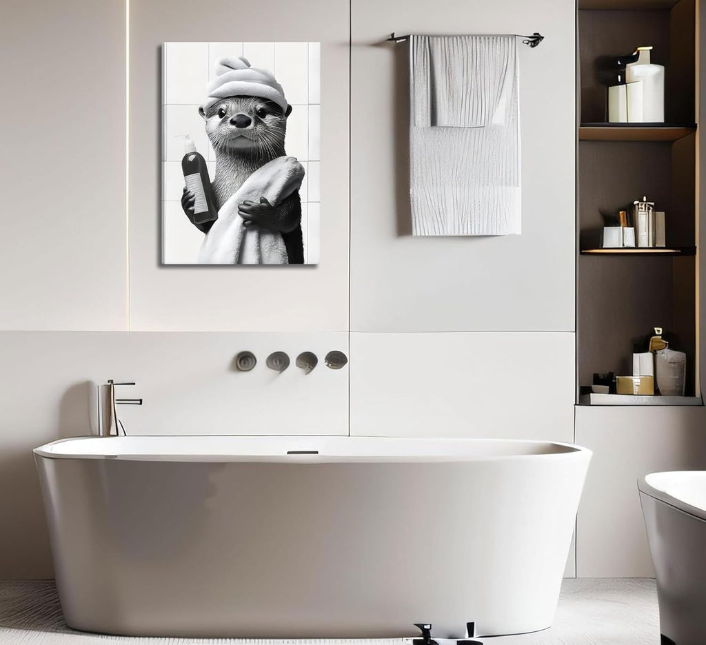 Otter Canvas Wall Art by Funny Bathroom - Cute Black and White Painting for Home Decor | 12x16in