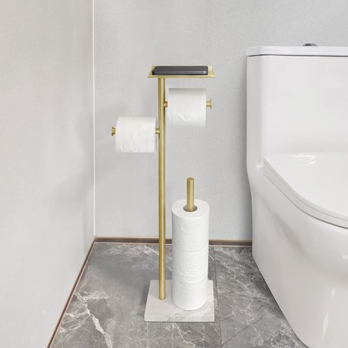 GZILA Brushed Gold Toilet Paper Stand Holder with Shelf, Marble Design Base Free Standing Toilet Paper Roll Holder with 2 Dispenser SUS 304 Stainless Steel Reserve, Storage 5 Rolls