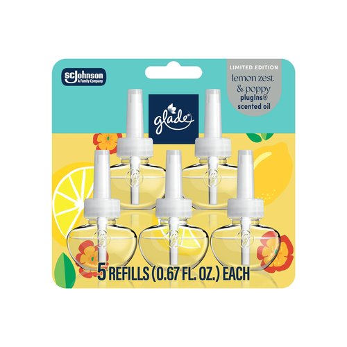 Glade PlugIns Refills Air Freshener, Lemon Zest & Poppy, Scented and Essential Oils for Home and Bathroom, 0.67 Fl Oz, 5 Count