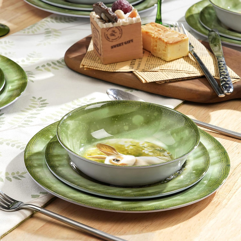 Skiennix 12-Piece Melamine Dinnerware Set - Lightweight Shatterproof Plates & Bowls for 4 | Green Bunny Design, Ideal for Picnics & Outdoor Parties