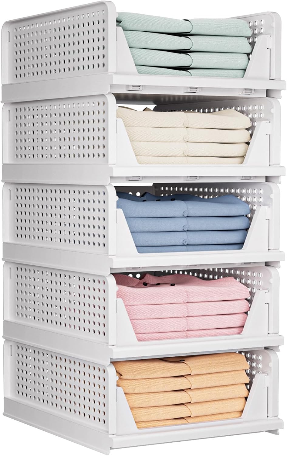 Skiennix 5-Pack Folding Closet Organizers - Stackable Plastic Storage Bins for Home & Office - White 5L
