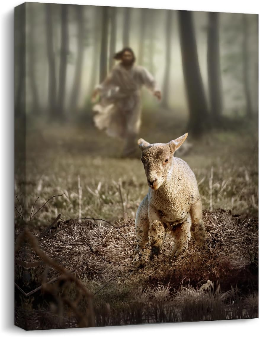 Pinetree Art Christian Wall Decor - Jesus & Lamb Canvas Print | Inspirational Scripture Artwork for Home