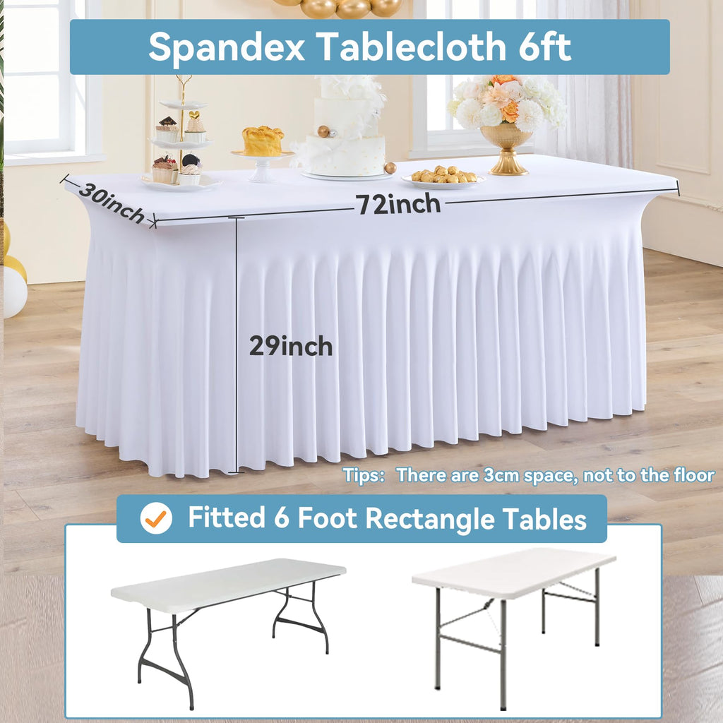 NSSONBEN 4 Pack White Spandex Tablecloth 6ft, Wrinkle Free High Stretch Fitted Tablecloths for 6 Foot Rectangle Tables, Elastic Spandex Table Covers 6ft with Pleats Skirt for Party Wedding Banquet