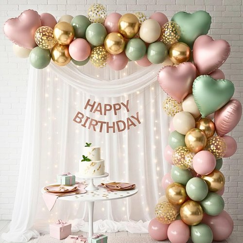 Pink and Green Balloons, 12 Inch Retro Sage Green Pink Nude Metallic Gold Confetti Balloons with Heart Foil Balloon for Girls Jungle Woodland Birthday Safari Baby Shower Party Decorations