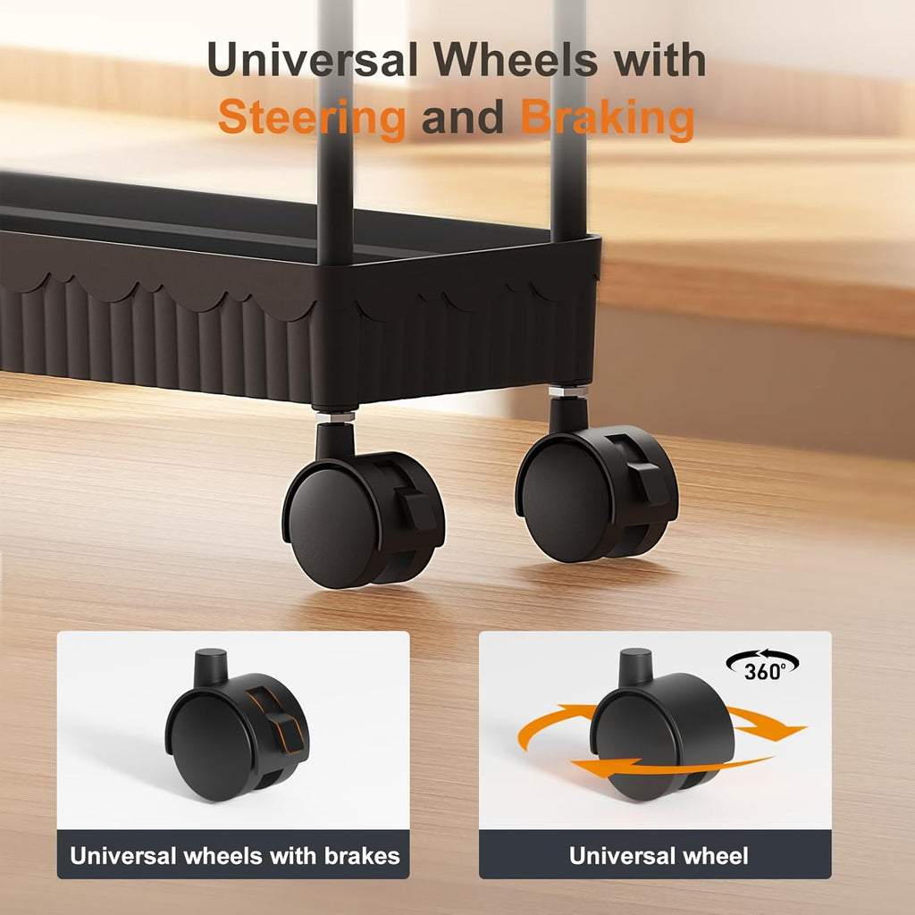 Sevenblue Slim Storage Rolling Cart - 3 Tier Utility Organizer with Wheels for Kitchen & Bathroom (Black)