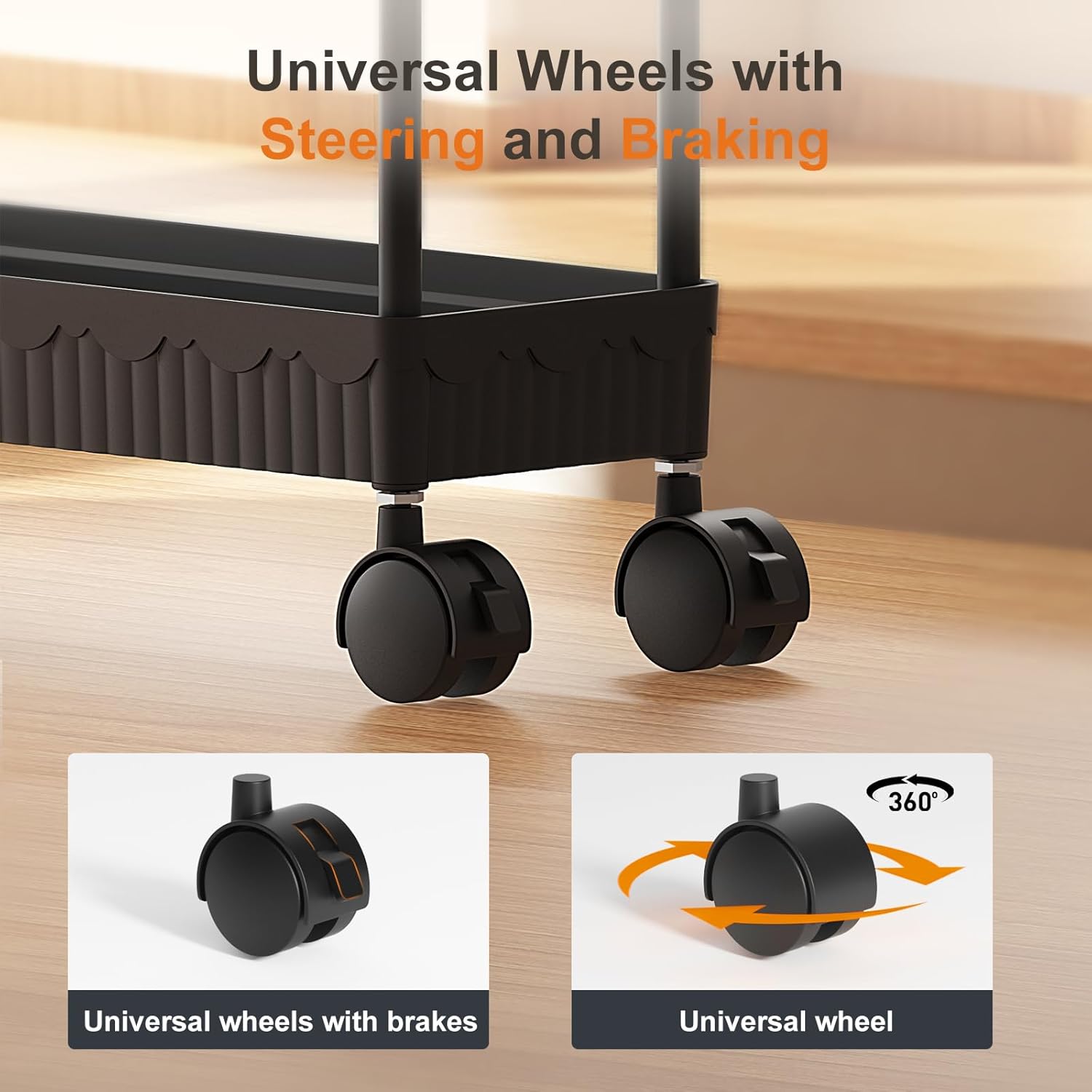 Sevenblue Slim Storage Rolling Cart - 3 Tier Utility Organizer with Wheels for Kitchen & Bathroom (Black)