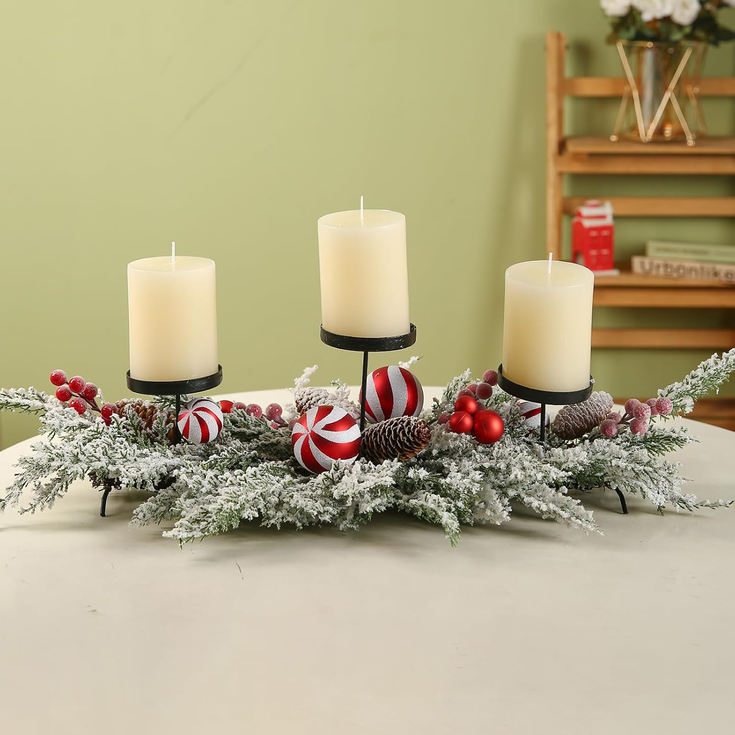Regine Switzerland 28-Inch Christmas Candle Holder - Festive Red & White Balls with Berries | Holiday Table Centerpiece
