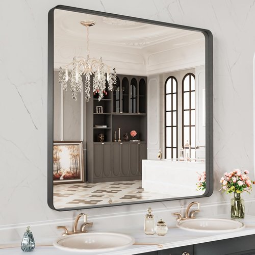 LOAAO Black Metal Framed Bathroom Mirror - 40x38 Inch, Anti-Rust, Tempered Glass, Versatile Hanging Options