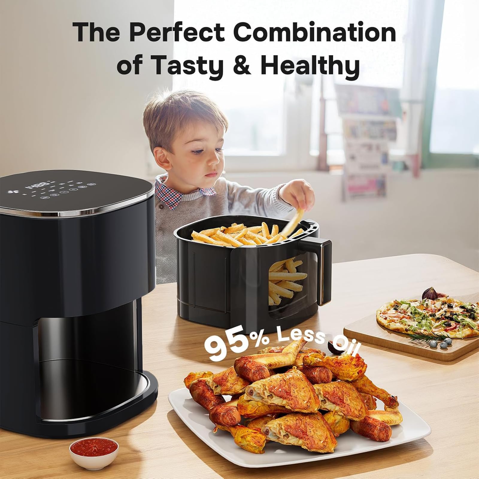 Simple Deluxe 12-in-1 Air Fryer 6.34 Qt, Digital Preset Airfryer with Visible Window, Nonstick and Dishwasher-Safe Basket, Air Fry, Roast, Bake, Dehydrate, Fries, 1700W, Black