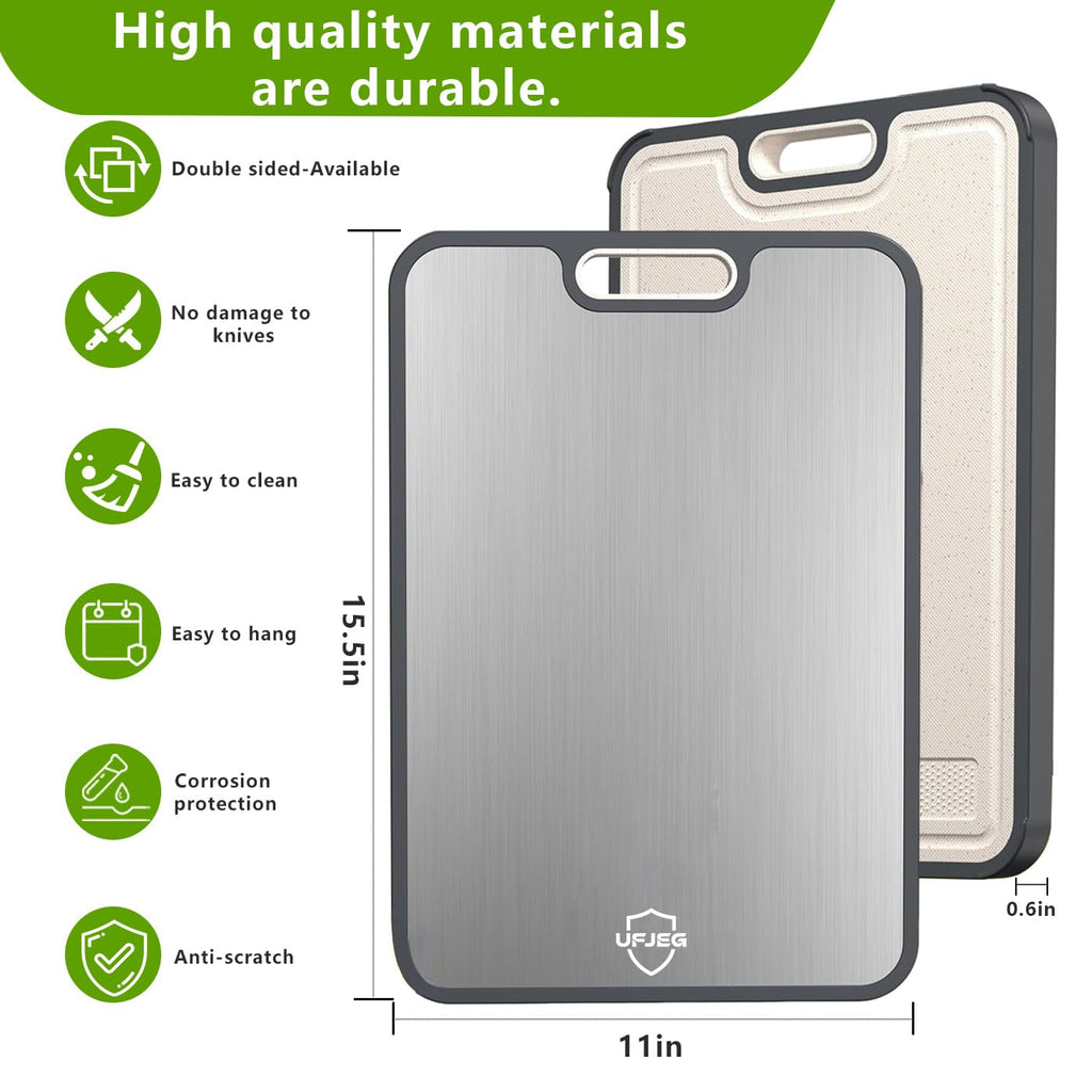 UFJEG Titanium Cutting Board for Kitchen, Cutting Board Double Sided Food Grade, Pure Titanium and Wheat Straw PP for Chopping Meat/Vegetables, Dishwasher Safe Easy to Clean Large Size 15.5”×11”