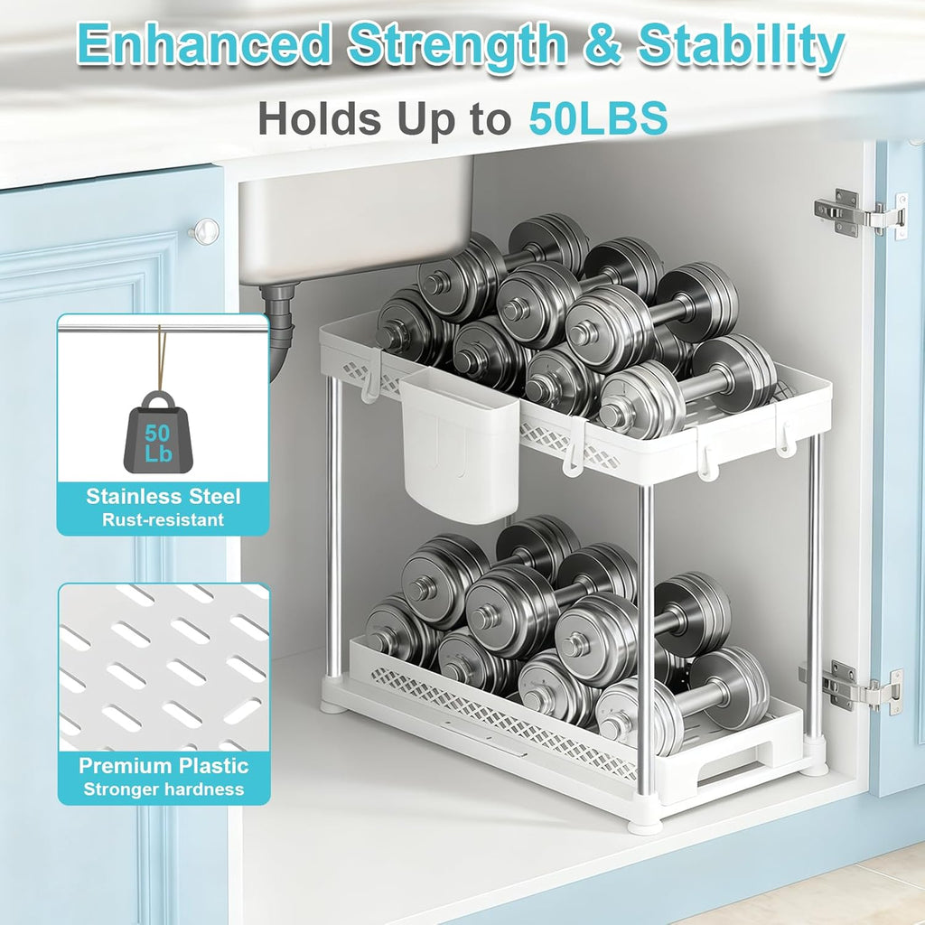 Under Kitchen Sink Organizer - 2-Tier Multi-Purpose Storage for Kitchen & Bathroom | White, 2 Pack