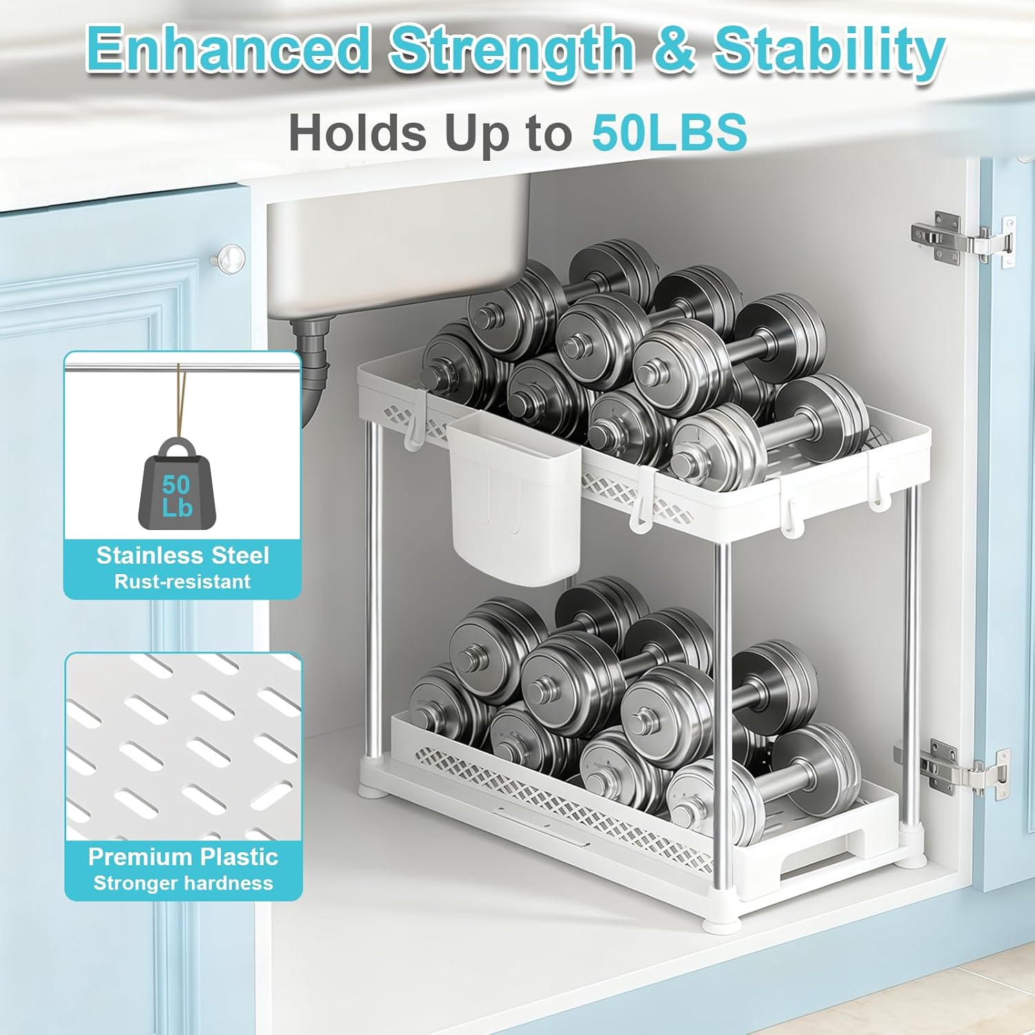 Under Kitchen Sink Organizer - 2-Tier Multi-Purpose Storage for Kitchen & Bathroom | White, 2 Pack