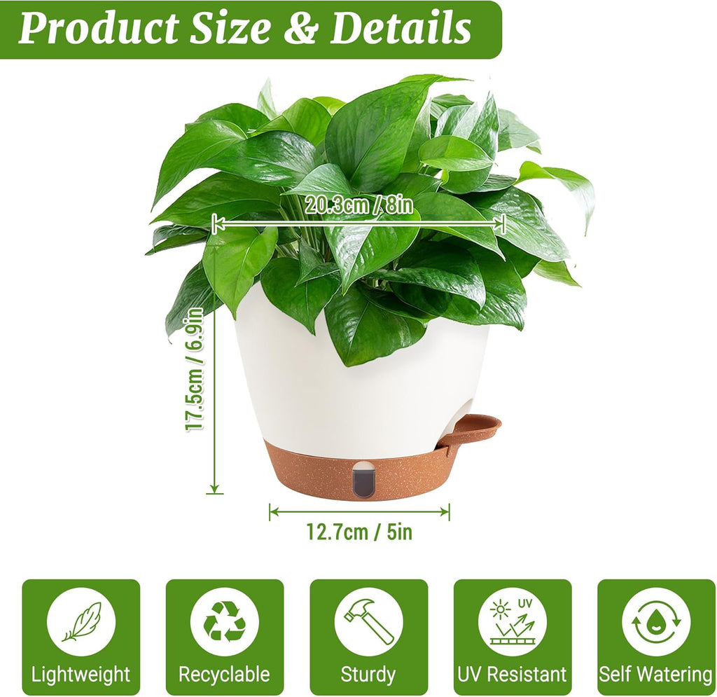 Skiennix 8-Inch Self-Watering Plant Pots - Durable Plastic with Drainage Holes & Water Level Indicator | White (2 Pack)
