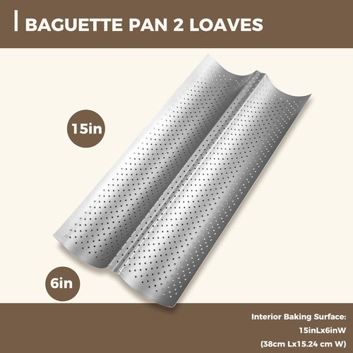 KITESSENSU Nonstick Baguette Pans - Perforated Bakery Tray for 2 Loaves, 15" x 6.3", Silver