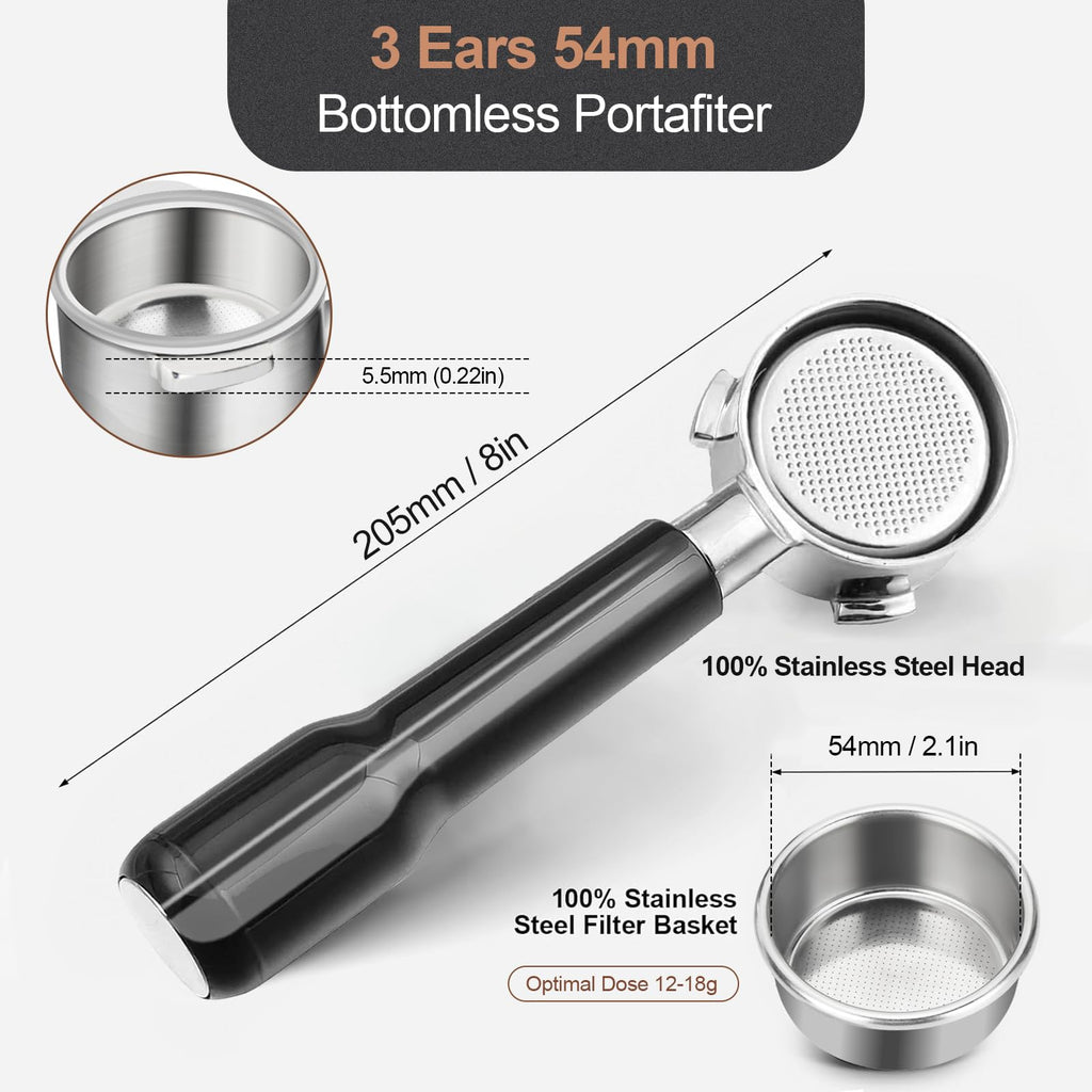 WhaleSiper Bottomless Portafilter 54mm Compatible with Breville BES870/880 & Solis etc., 3-Ear Stainless Head