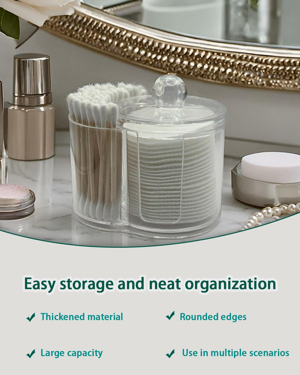 AkoSlale Clear Plastic 2-in-1 Cotton Swab Dispenser & Makeup Pad Holder - Shatterproof Bathroom Vanity Organizer Apothecary Jars for Cotton Rounds, Balls, Floss Picks, Hair Ties & Beauty Sponges