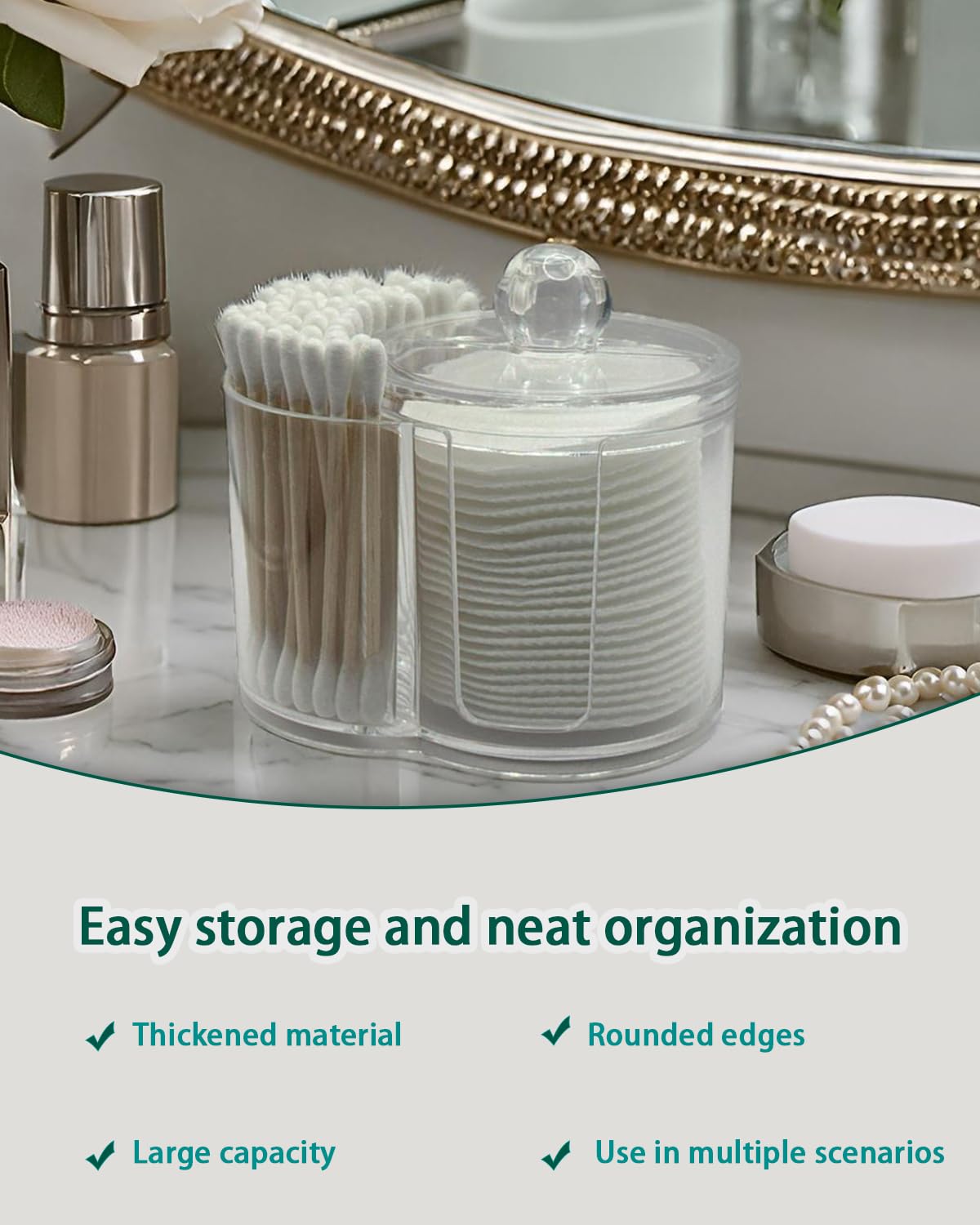 AkoSlale Clear Plastic 2-in-1 Cotton Swab Dispenser & Makeup Pad Holder - Shatterproof Bathroom Vanity Organizer Apothecary Jars for Cotton Rounds, Balls, Floss Picks, Hair Ties & Beauty Sponges