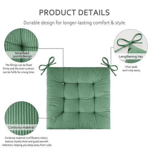 ELFJOY 4 Pack Chair Cushions for Dining Kitchen Chairs 18 Inches Seat Cushion Pads Warm Thick Corduroy Comfort Chair Cushions for Office with Ties(18", Green)