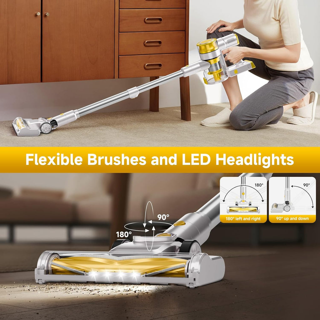 Skiennix Cordless Vacuum Cleaner - 35Kpa Powerful Suction, 45-Minute Runtime, LED Display, Anti-Tangle | Yellow