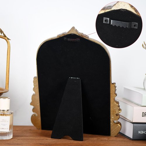 LuHeToz Antique Arched Mirror for Vanity with Resin Frame -Small Size (9.5 x 11.6 inch) Standing Mirror for Living Room, Bedroom, Tabletop-Vintage Gold