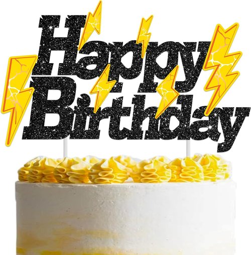 Glitter Black Lightning Bolt Cake Toppers - Happy Birthday Party Decorations for Kids | Weather Theme