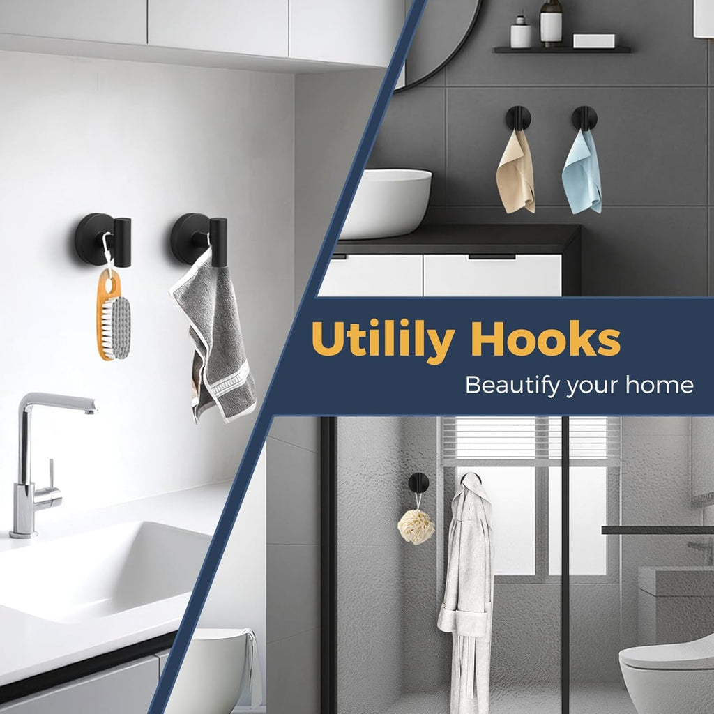 Skiennix Heavy Duty Suction Cup Hooks - Removable Shower Hooks for Glass, Tile & Mirror - 4 Pack (Black)