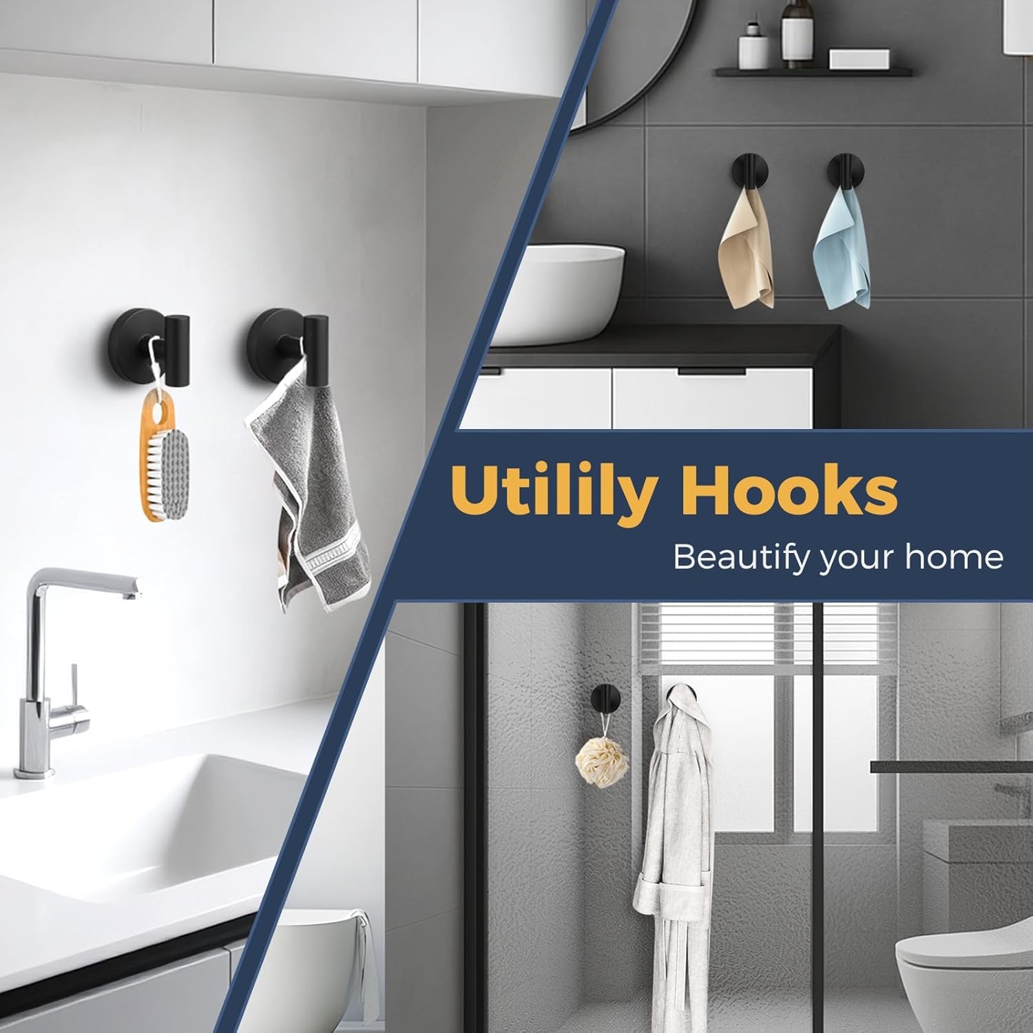 Skiennix Heavy Duty Suction Cup Hooks - Removable Shower Hooks for Glass, Tile & Mirror - 4 Pack (Black)