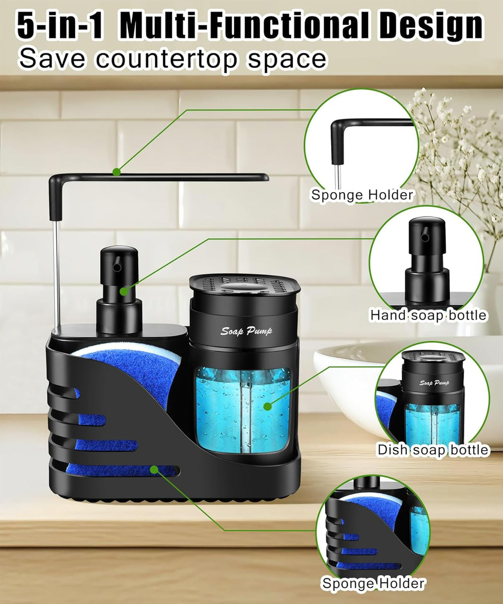 Skiennix Kitchen Soap Dispenser Set - 4-in-1 Dual Soap & Sponge Holder | Black